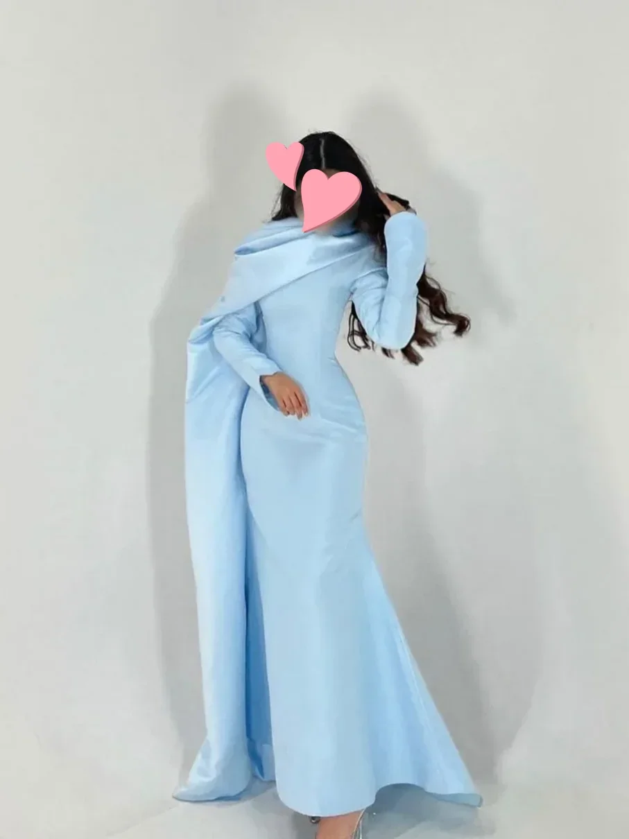 

Scoggins Evening Elegant Vintage Simple Sky-Blue Ruffle Formal Occasion Prom Dress Evening Party Gowns Wedding dress