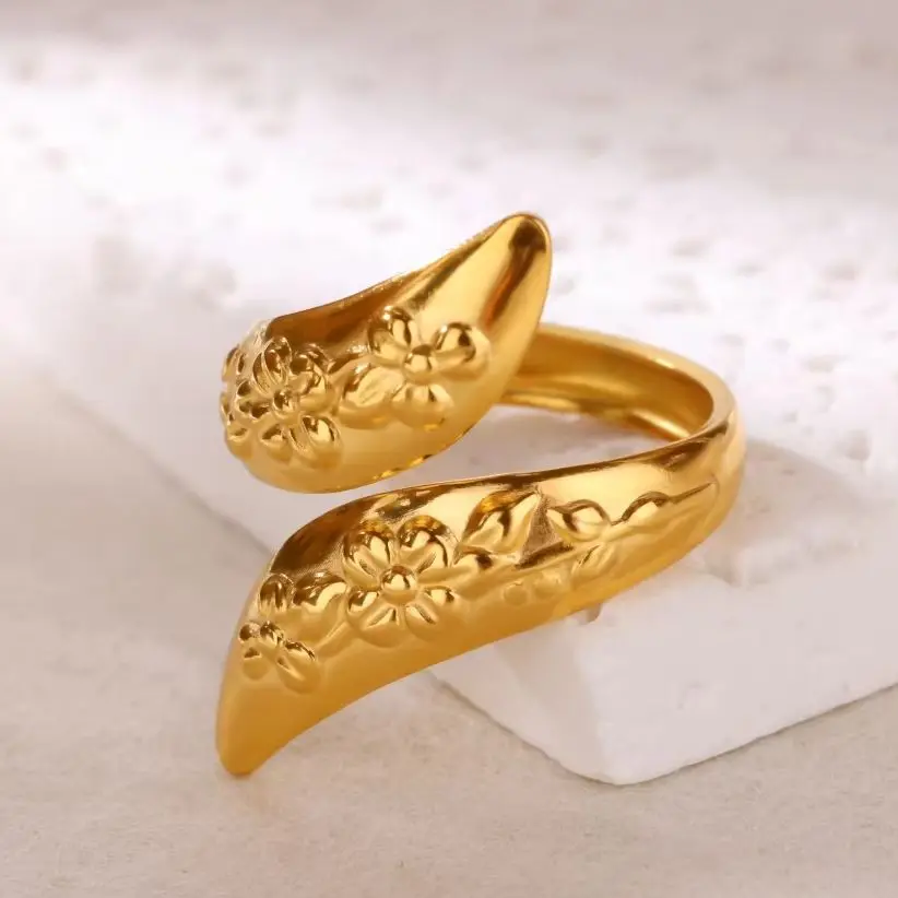 Fashion Geometric Flower Pattern Open Rings Women Gold Color Stainless Steel