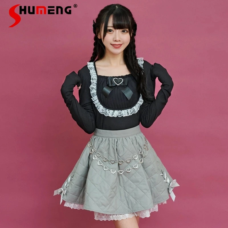

Autumn Winter New Cute Base Blouse Square Collar Lace Stitching Bow Japanese Style Bottoming Shirt Solid Color Blusas De Mujer
