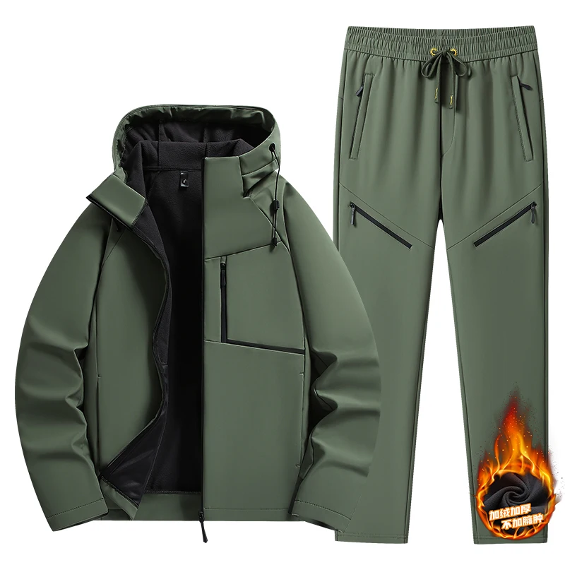 Plus Size 6xl 5xl Sportswear Men Softshell Thick Fleece Lined Hooded Hoodie Suit Menswear Jacket Pants 2 Pieces Set Tracksuits 3