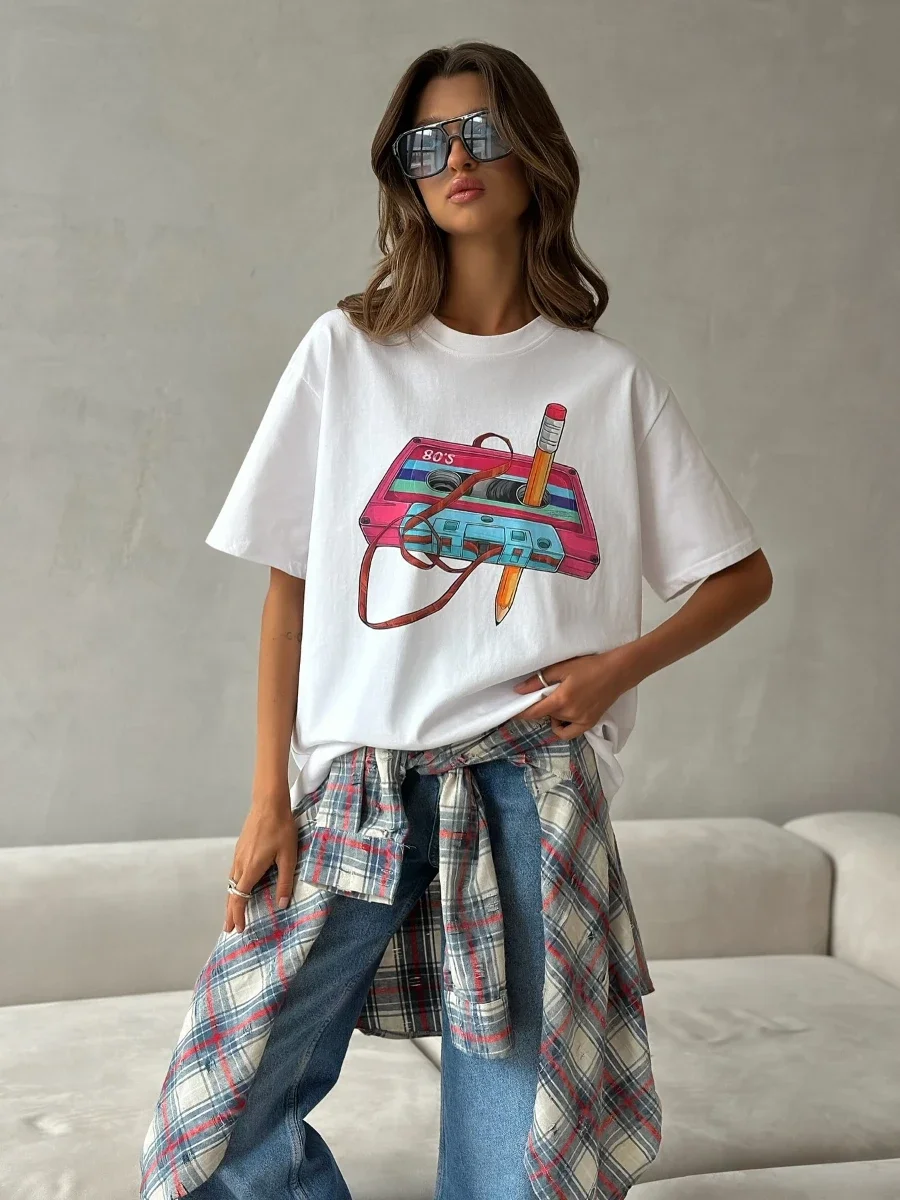 Bornladies Cotton Women's Fashionable Printed T-shirt Casual Vintage Short-sleeve Printing Fashion Hip Hop Loose Top 230g/m³