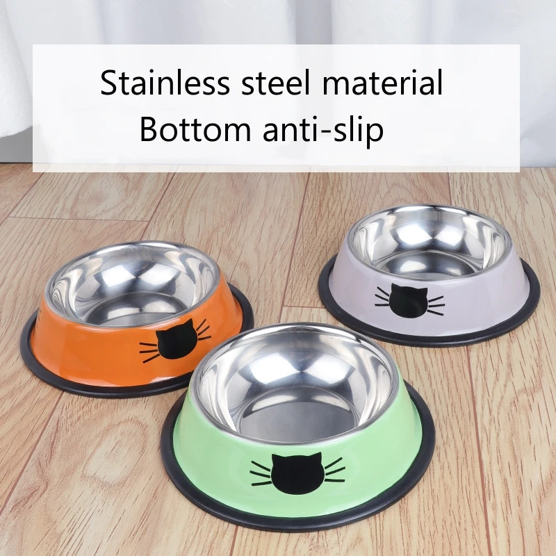 

Pet Cat Face Color Paint Stainless Steel Round Bowl Bottom Thickened Non-slip Cat Bowl Dog Bowl Feeder Pet Tableware