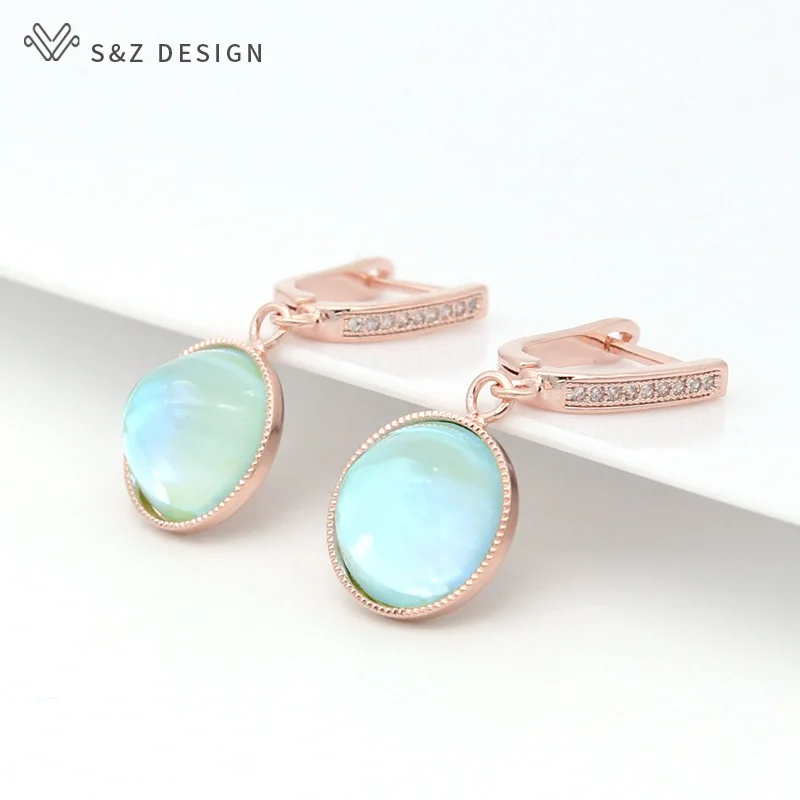 S&Z DESIGN New Fashion Luxury Colorful Round Crystal Dangle Earrings For Women 585 Rose Gold Color Wedding Jewelry Party Gift