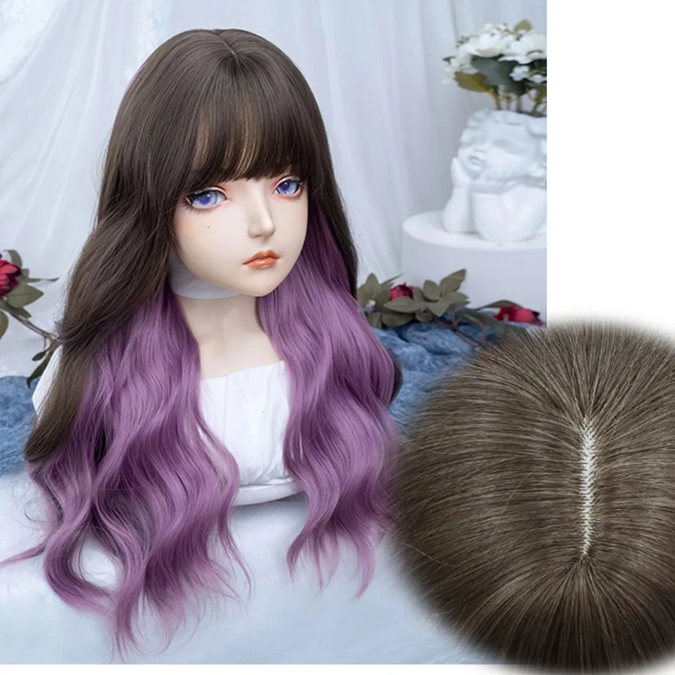OLACARE Synthetic Brown Black Long Water Wave Hair Lolita Wigs With Bangs Synthetic Wig For Women Fashion Thick Curls Wigs Girl
