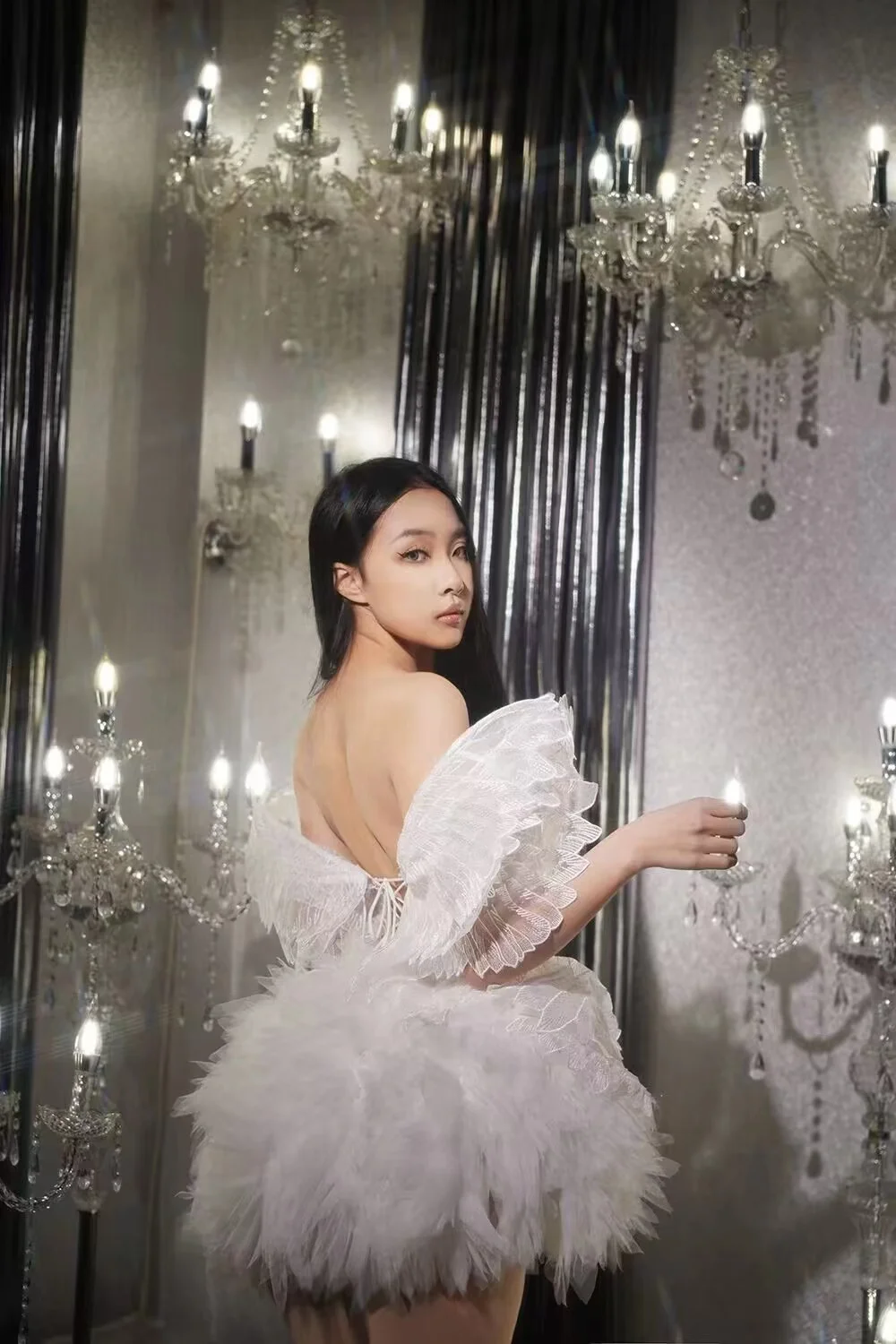 Sexy Evening Celebrate Wedding Birthday Dress Women Dance Costume Elegant White Wings Off Shoulder Bandage Backless Short Dress