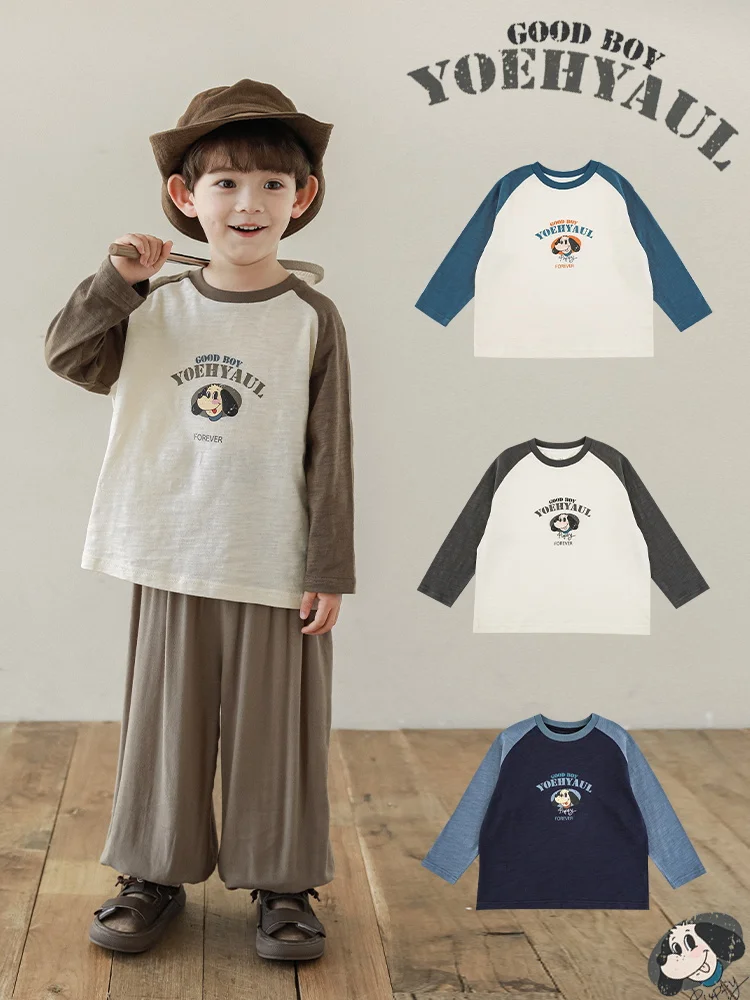 

Свободная модная футболка в стиле ретро для мальчиков с круглым вырезом и мультипликационным принтом, новинка весны 2024, удобный топ контрастной расцветки