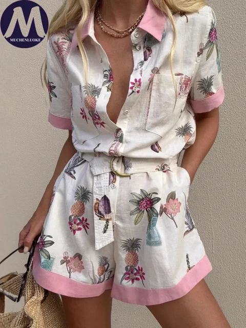 Women's Summer Jumpsuit 2025 New Printed Half Sleeve Lapel Shirt Jumpsuit Fashionable Casual Loose Belt Women Jumpsuit Shorts