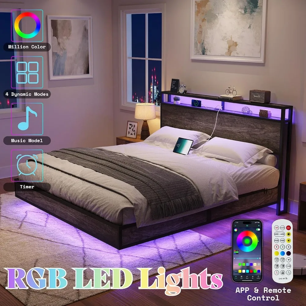 Bed Fram, King Size Floating Bed Frame with 2-Tier Storage Headboard, Metal Bed Frame with Charging Station & LED Lights 5