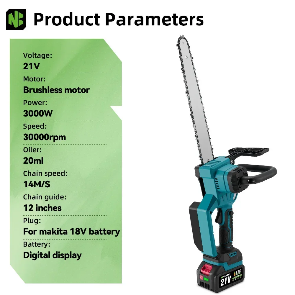 Electric Chainsaw Electric Saw NEWBENY 12 Inch 3000W Brushless Electric Chainsaw Logging Pruning Woodworking Garden Power Tool For 21V 18V Battery