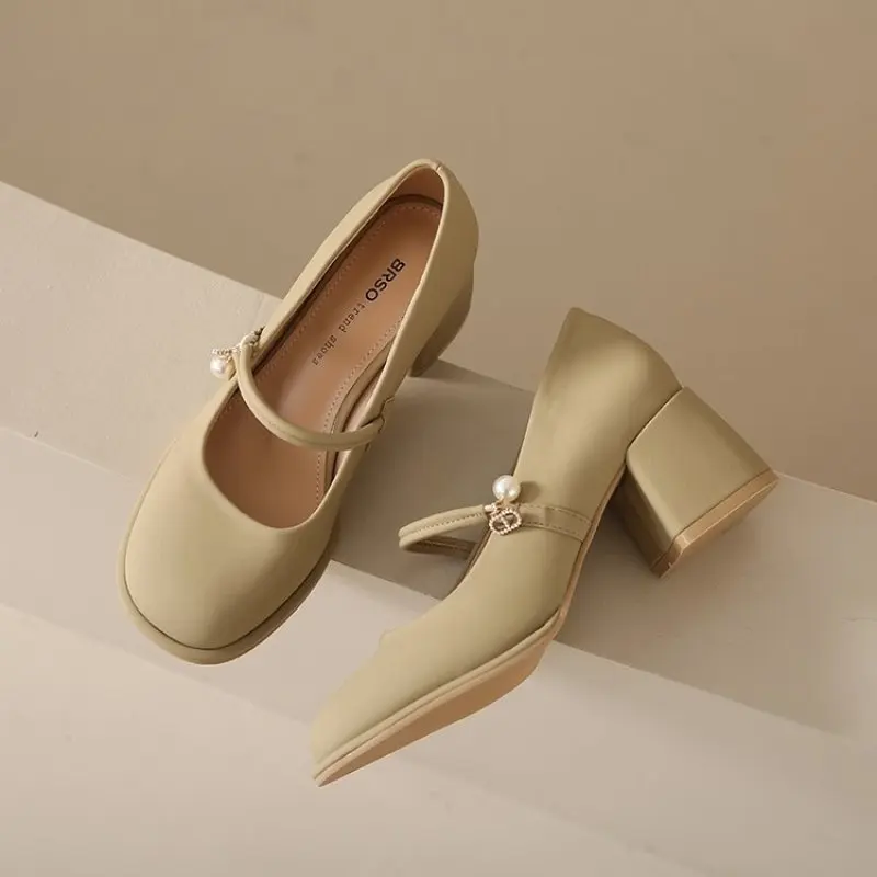 2024 NEW Soft Leather Soft Soled Mary Jane High Heels Thick Heeled Square Toe Sandals French British Casual Small Leather Shoes