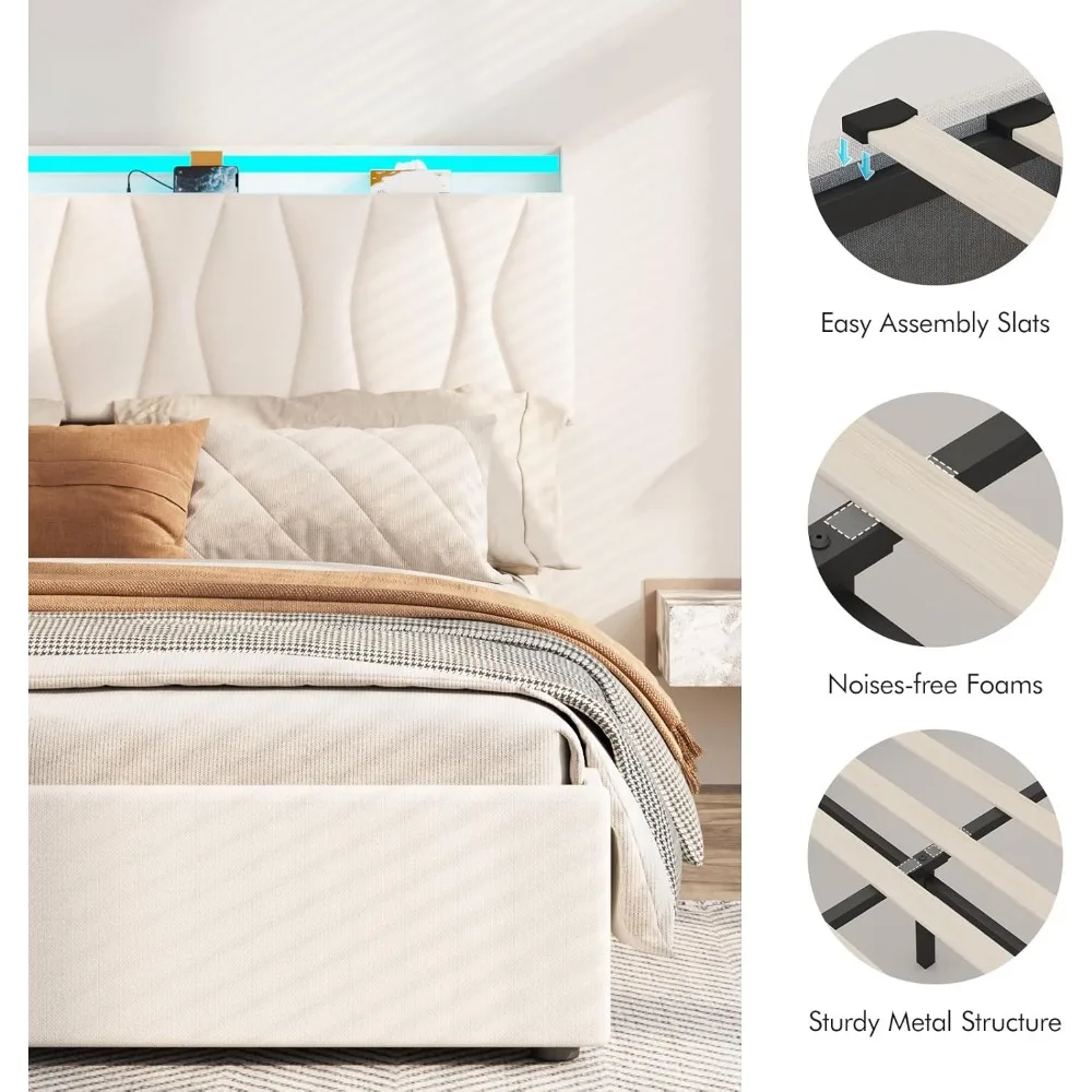 Queen Size Lift Up Storage Bed Frame with Adjustable Headboard, Charging Station, LED Lights, Wood Slats, Noise-Free 5