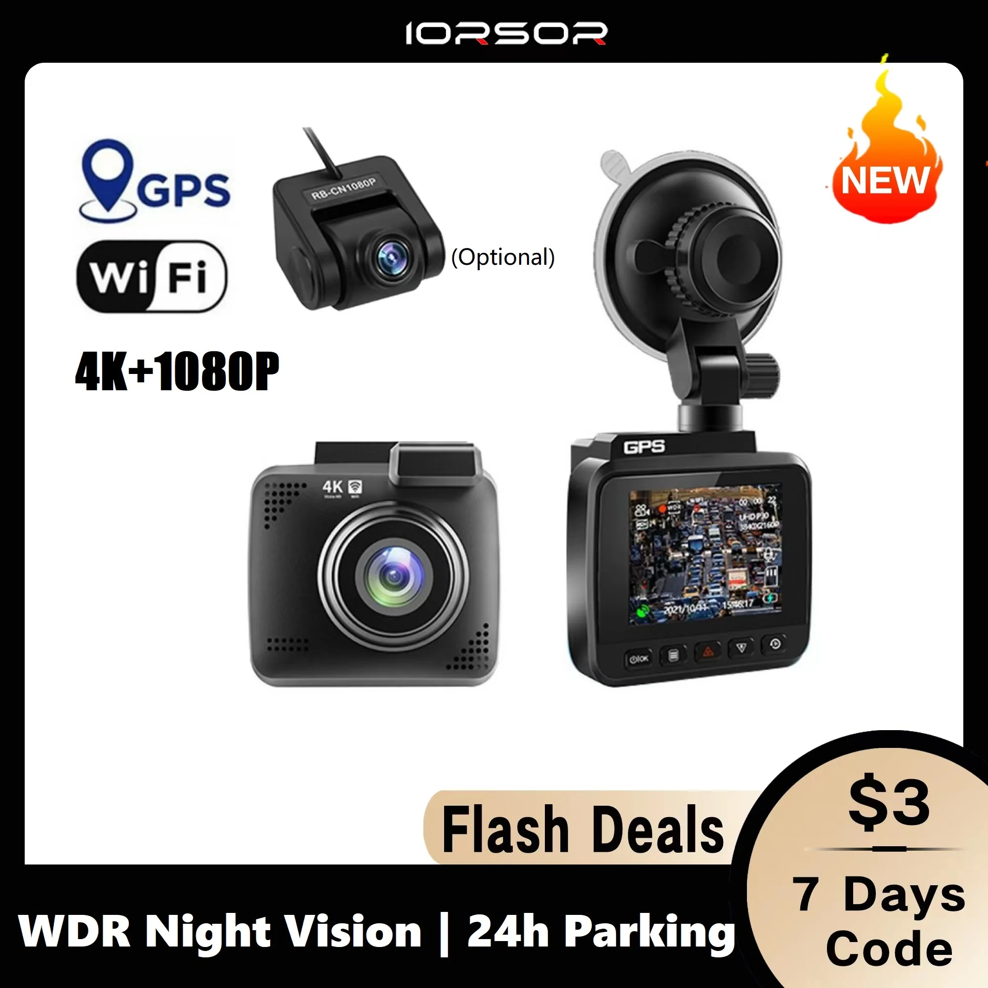 4K Dash Cam Front and Rear, Car Camera Built-in WiFi GPS, Front 4K