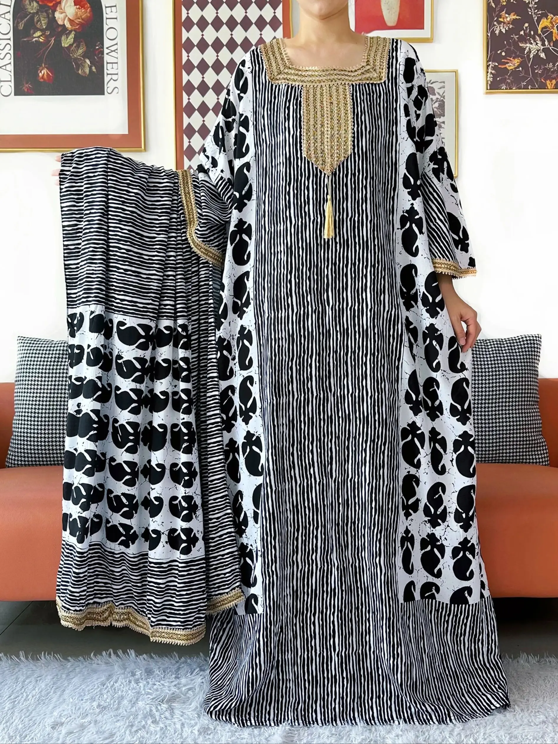 2025 Elegant Abaya Dress Bat Sleeves Off-Shoulder Kaftan Cotton Women Loose Abaya Boho Maxi Dress Casual Dress African Vestidos 3