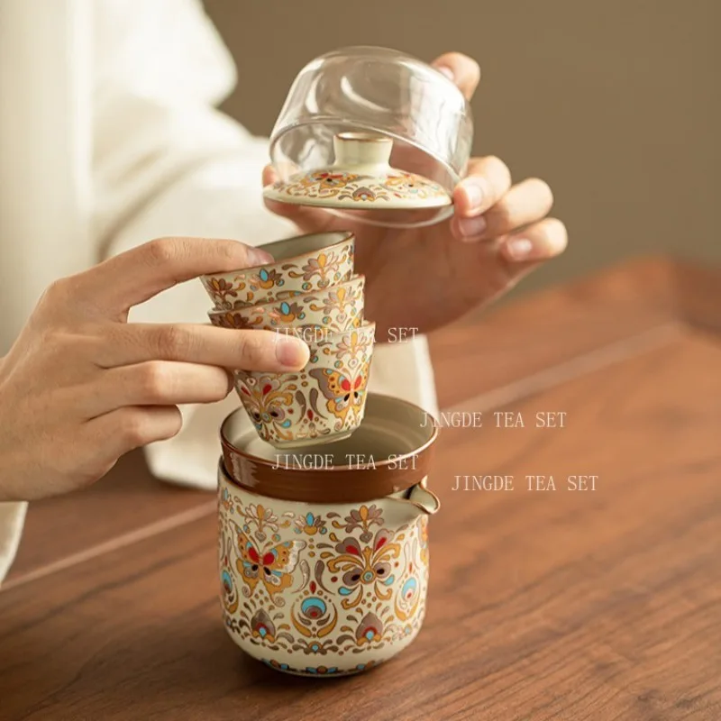 Yellow Ru Kiln Butterfly Travel Tea Set Outdoor Portable Kuaike Cup 1 Pot 3 Cups Tea Maker Set Tea Ceremony Accessories