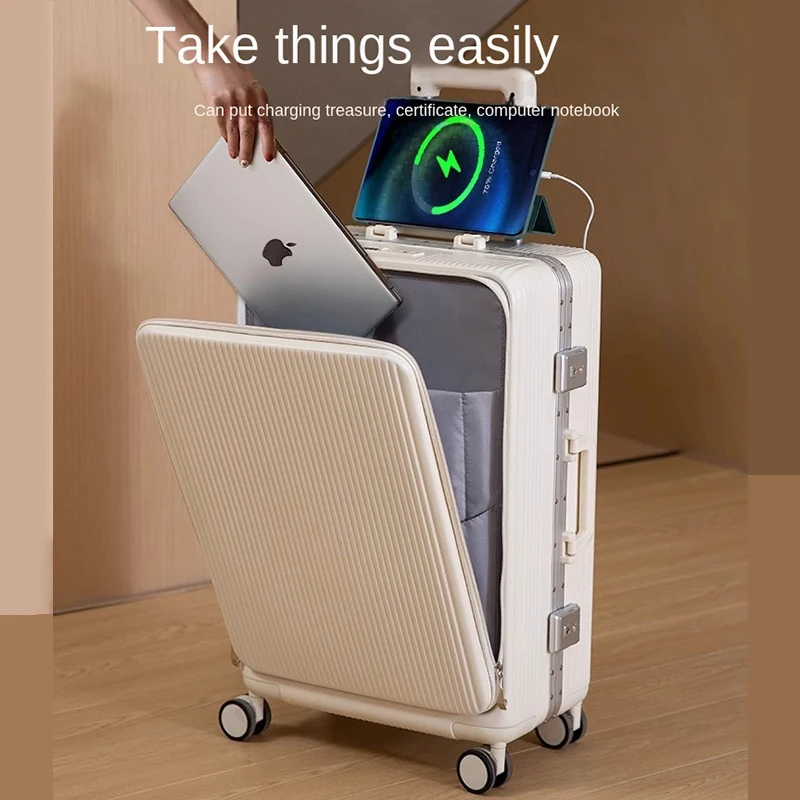 Aluminum Frame Front Open Luggage USB Charging Port with Cup Holder Trolley Suitcase 24