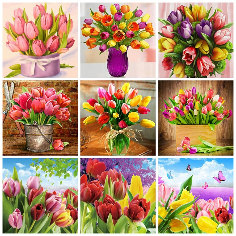 Huacan 5d Diy Diamond Painting Embroidery Flower Vase Cross Stitch Mosaic Tulip Floral Square/round diamond painting diamond art painting kit diamond painting set Home Decor