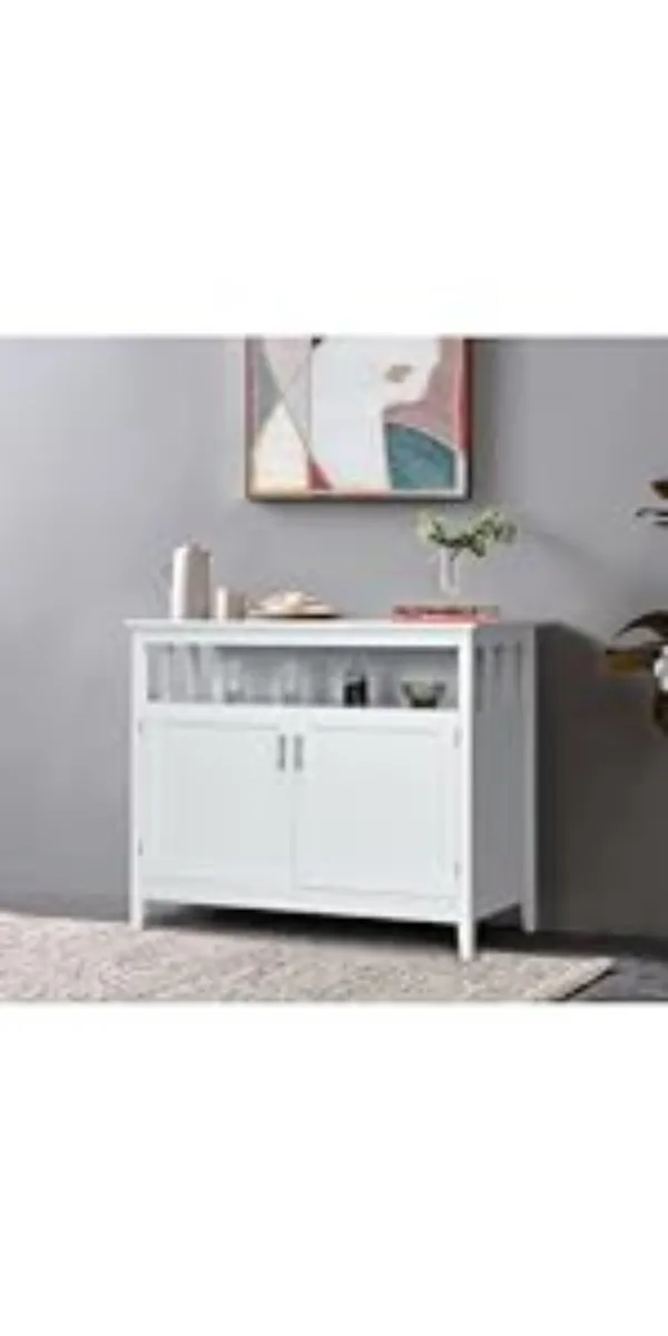 Kitchen Sideboard - Buffet Cabinet with Sliding Slat Doors, Modern Stackable Storage Cabinet