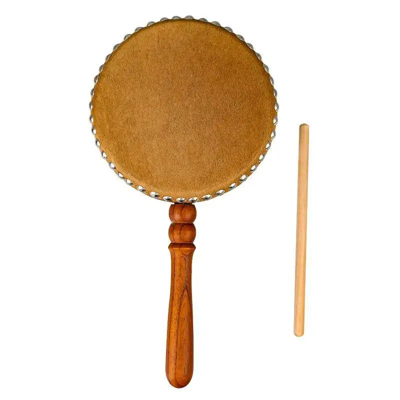 

1Pc Chinese Taiwan Characteristic Handheld Handle Solid Wood Cattle Hide Flat Drum Temple Tambourine Percussion Instrument