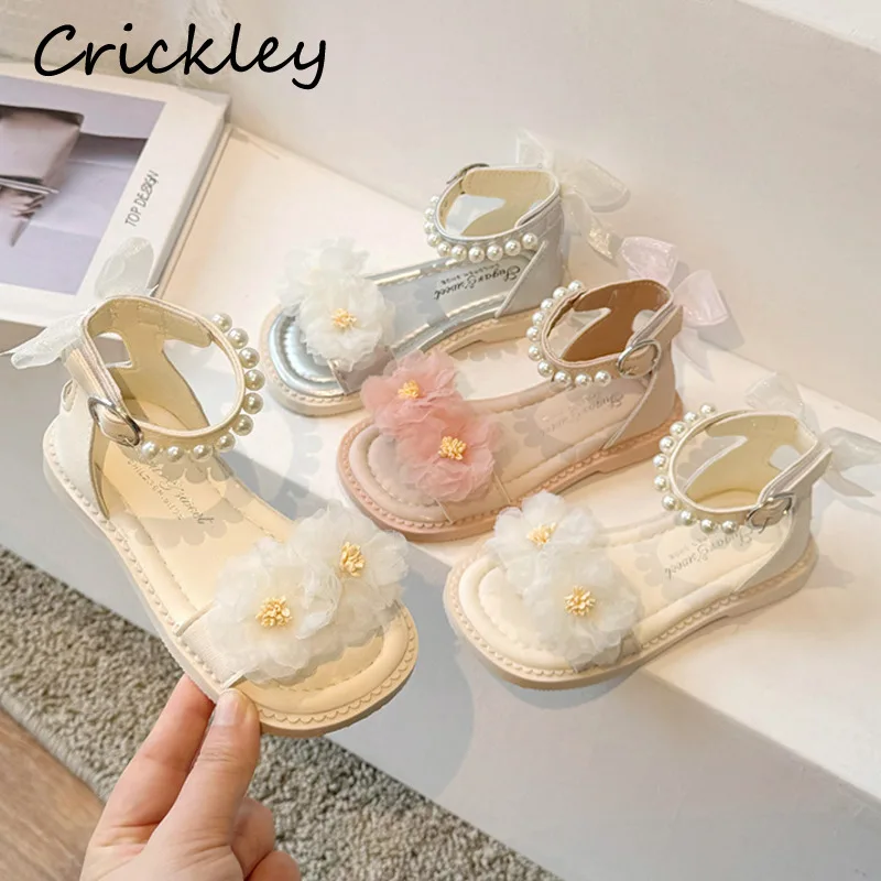 

Flowers Sweet Girls Sandals Summer Pearl Hook Loop Soft Children Sandals Comfortable PU Design Toddler Kids Princess Shoes