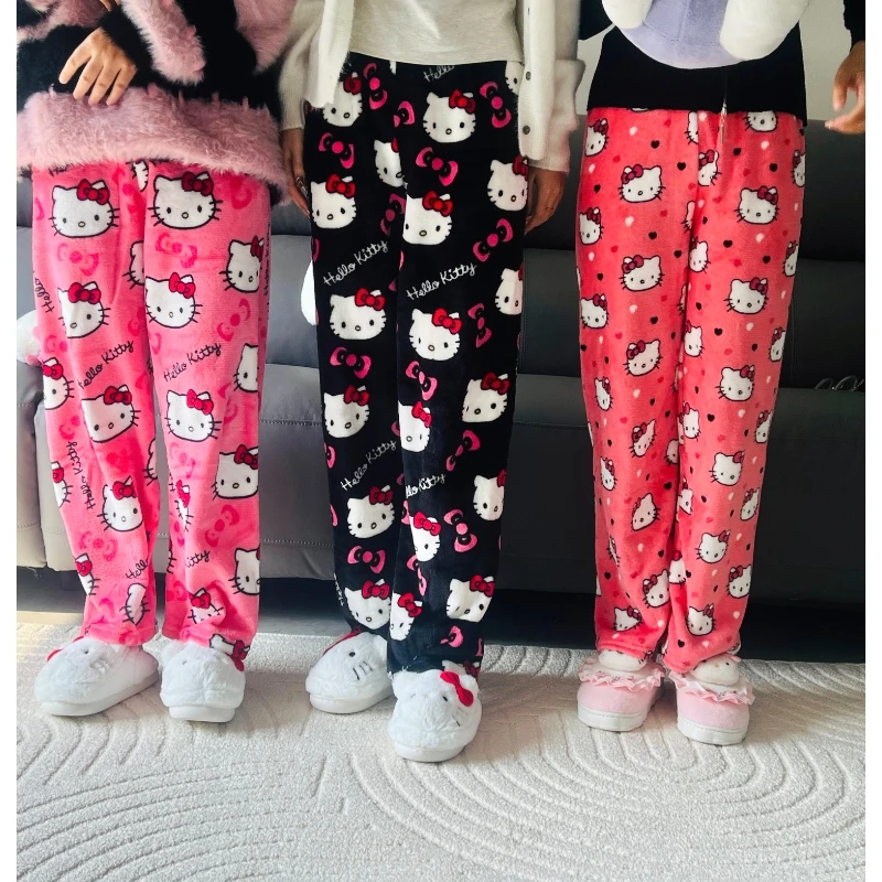 Sanrio Hello Kitty Anime Cartoon Coral Fleece Pajama Pants Soft Trousers Women Casual Home Kawaii Christmas Eve Birthday Gift