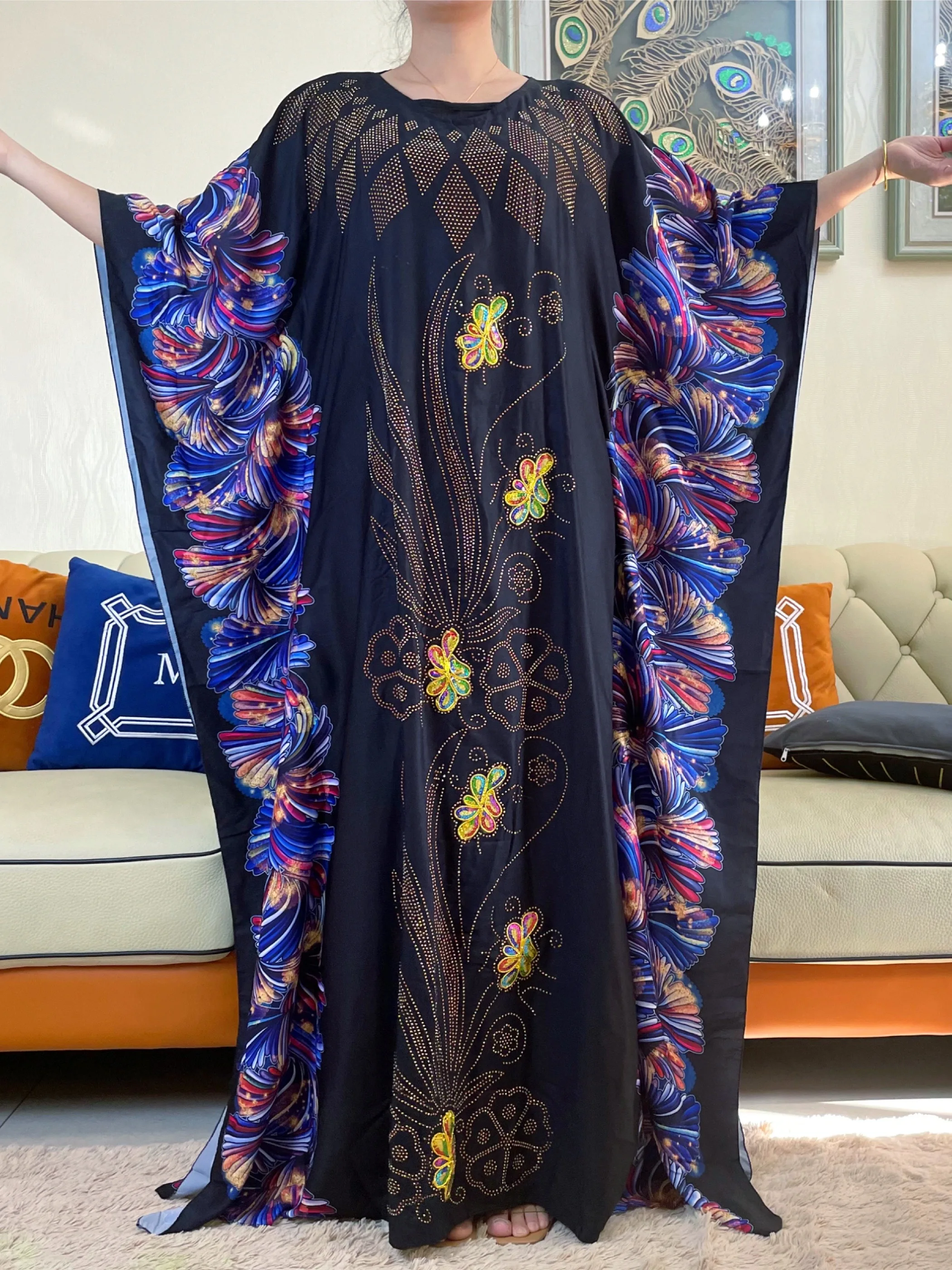 

2023Dubai New Style Batwing Sleeve African Abaya DashikiFlowers Pattern Print Islam Lady Elegant Summer Maxi Casual Dresses