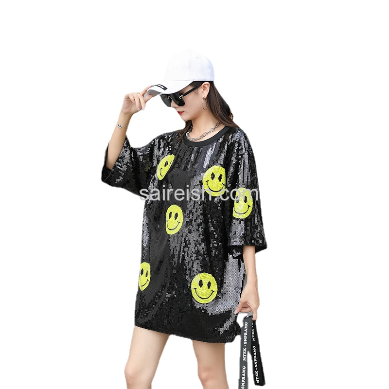 

Saireish Happy Smiley Face Loose t Shirt Sequin Tunic Other Mini Dress Sexy