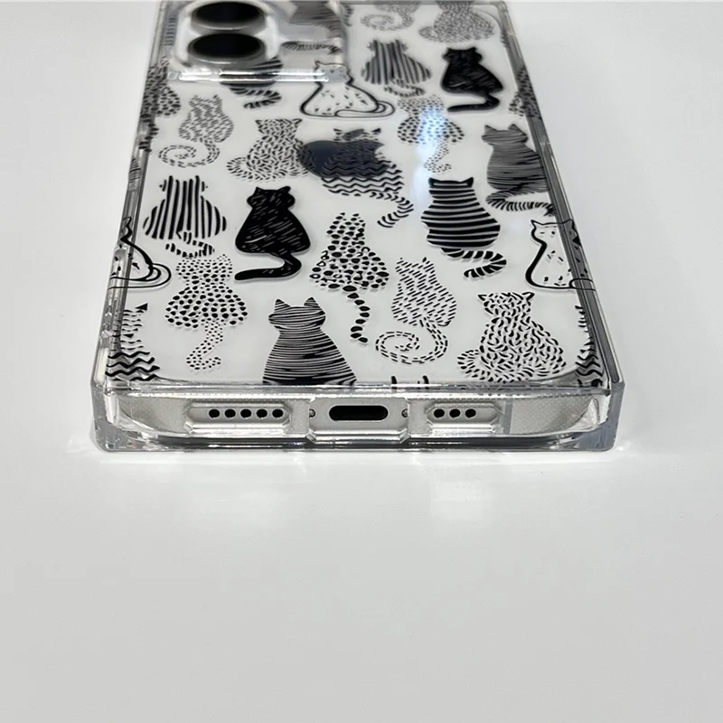 Cartoon Sketch Cats Pattern Right Angled Edge Case For iPhone 16 15 13 14 12 Pro Max Clear Phone Back Cover