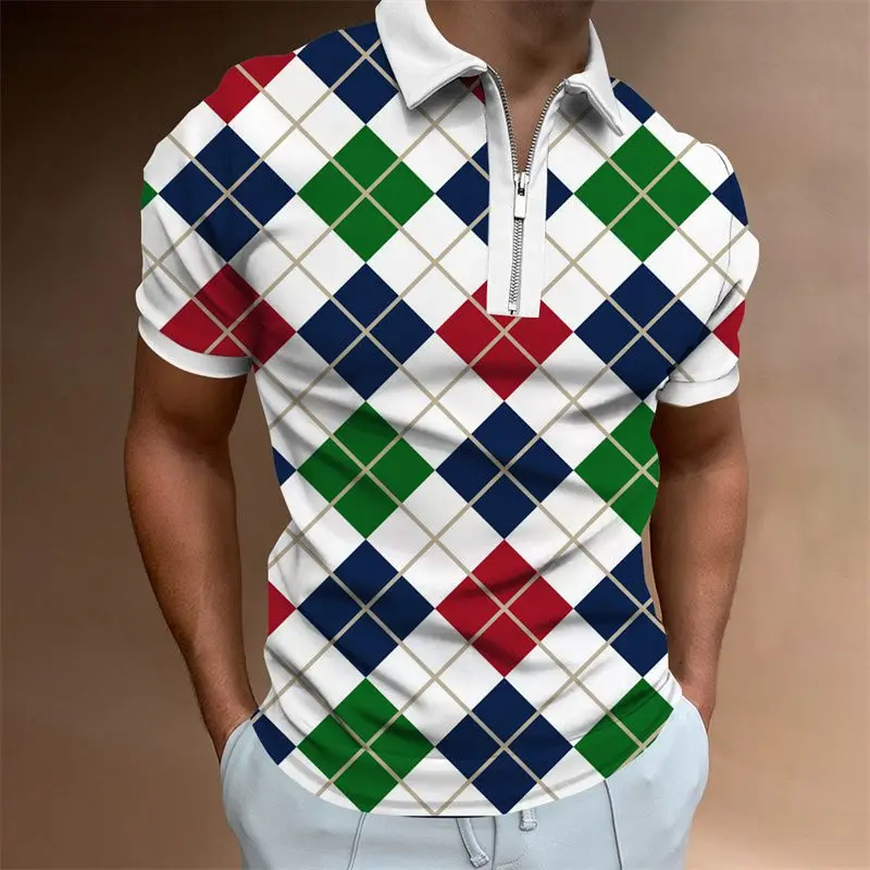 

Men's Summer Short Sleeve Turn-down Collar Contrast Color Geometric Plaid Pullover Zippe Clothing T-shirt Shimmery Retro Tops