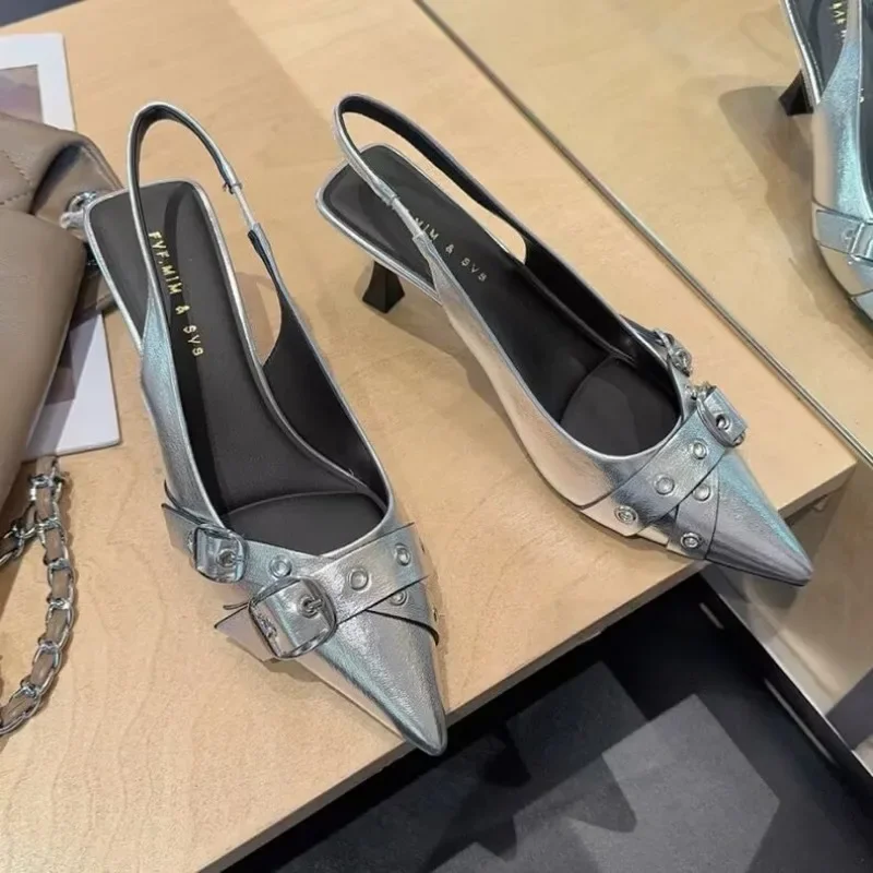 Female Slip On Footwear Fashion Metal Buckle Ladies High Heels Shoes Slides Pointed Toe Women Heels Pumps Shoes New In 2025 4