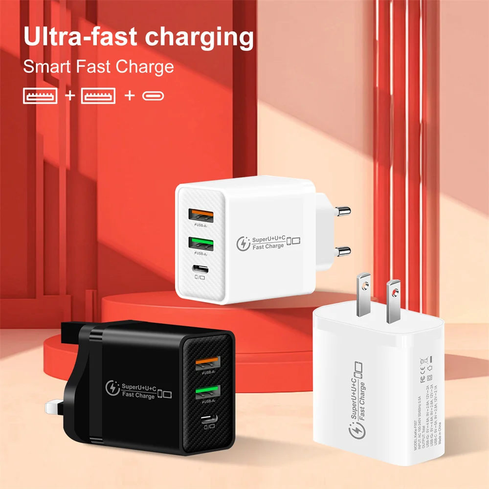 48W USB C Charger EU US UK Plugs USB PD Fast Charging QC 3.0 Wall Charger For iPhone Samsung Xiaomi Mobile Phone Adapter Travel