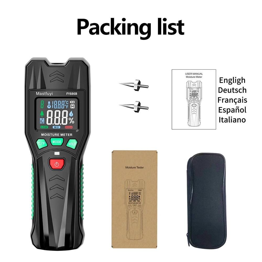 מד רטיבות דיגיטלי MASTFUYI, סוג פין, מגלה נזילות, לחות ועץ, קירות, תקרים, שטיחים ועץ אש