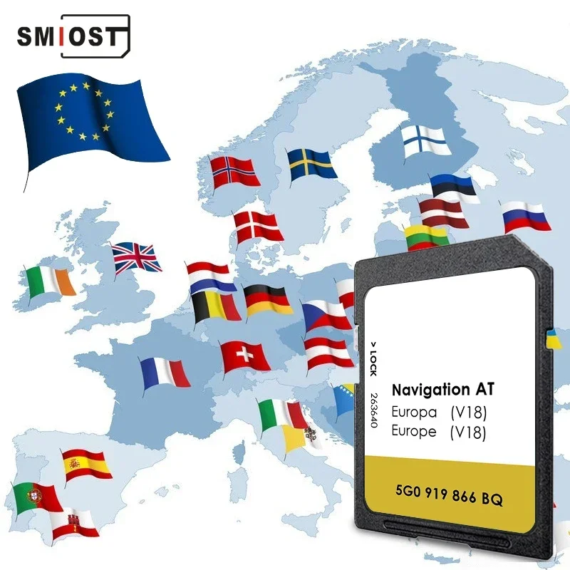 

SMIOST V18 Sat Nav SD Card 16GB with AT V18 Maps for Discover Media MIB1 Navigation GPS System UK/EU Map Card