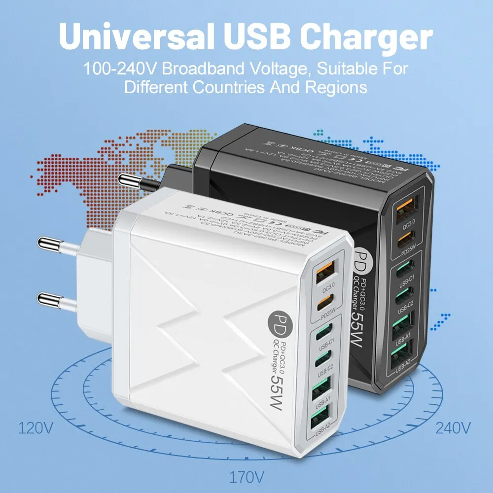 6 in 1 55W PD USB Schnellladung Quick Charge 3.0 Reiseladegerät für iPhone Samsung Huawei Xiaomi Handy_voghion.com