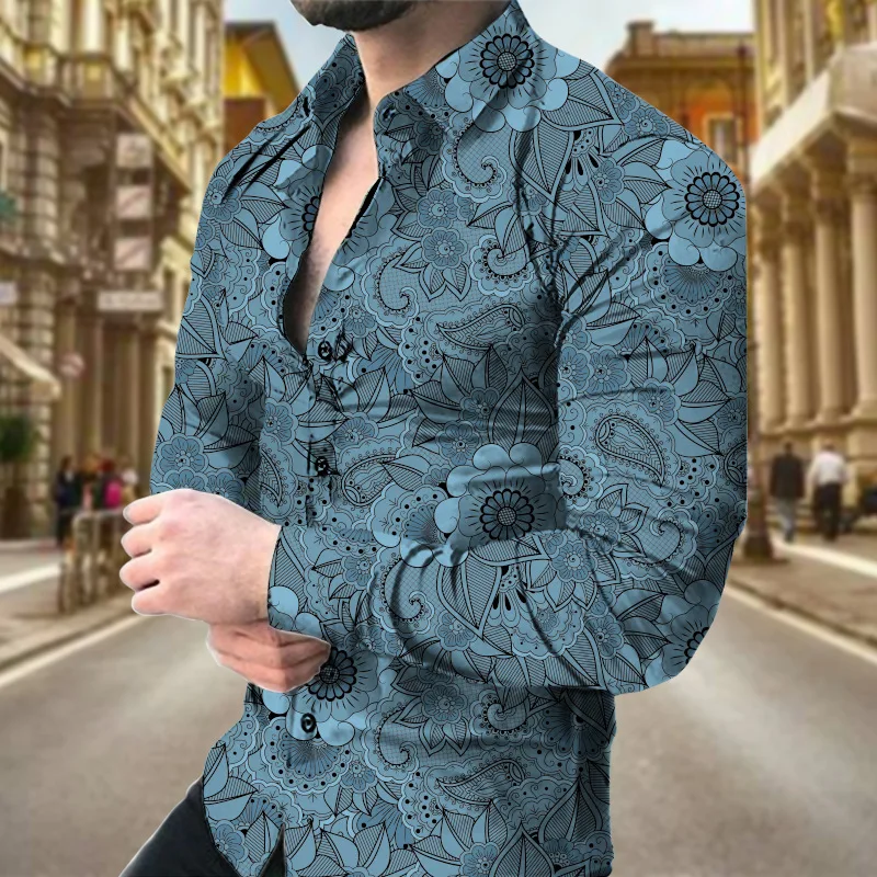 3D Fashion Retro Flower Paper Pattern Printed Men's Long -sleeved Shirt