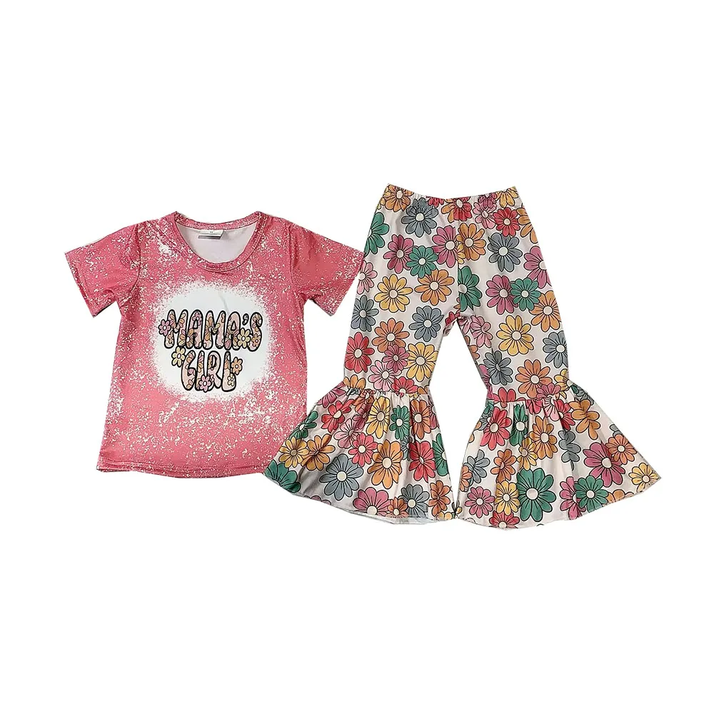 

Wholesale Valentines Outfits Pink MaMa Girls Short Sleeve Sunflower Floral Bell Bottom Pants Sets