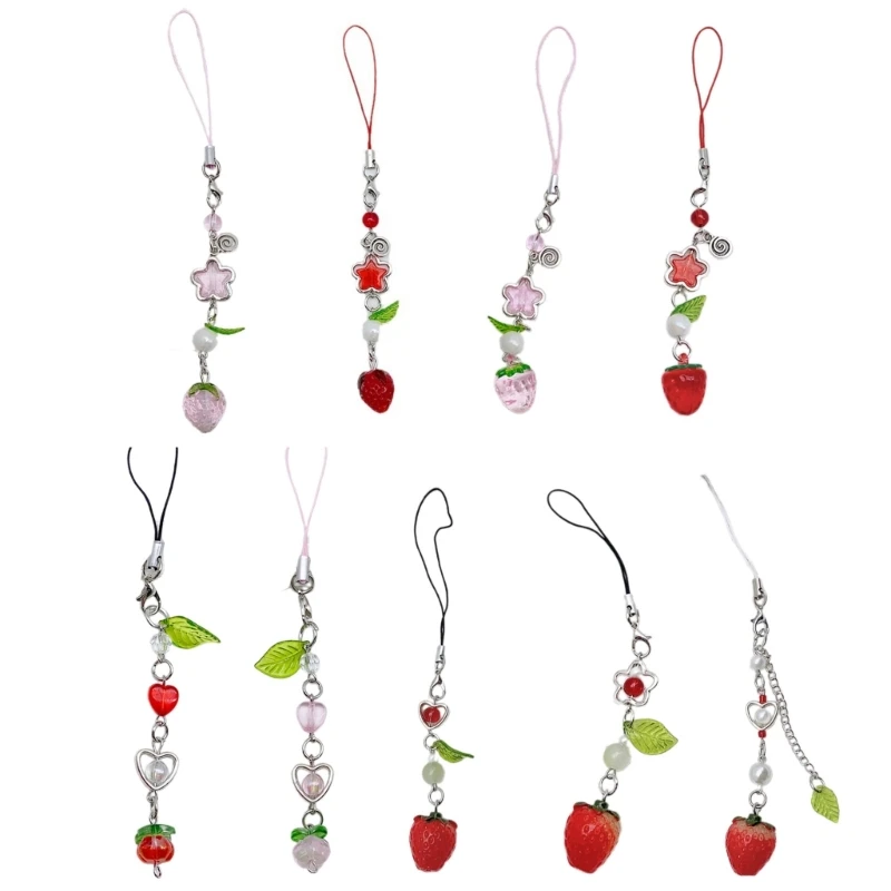 Fashion Strawberry Bead Charm Pendant Phone Chain Pocket Keychain Strap K3ND