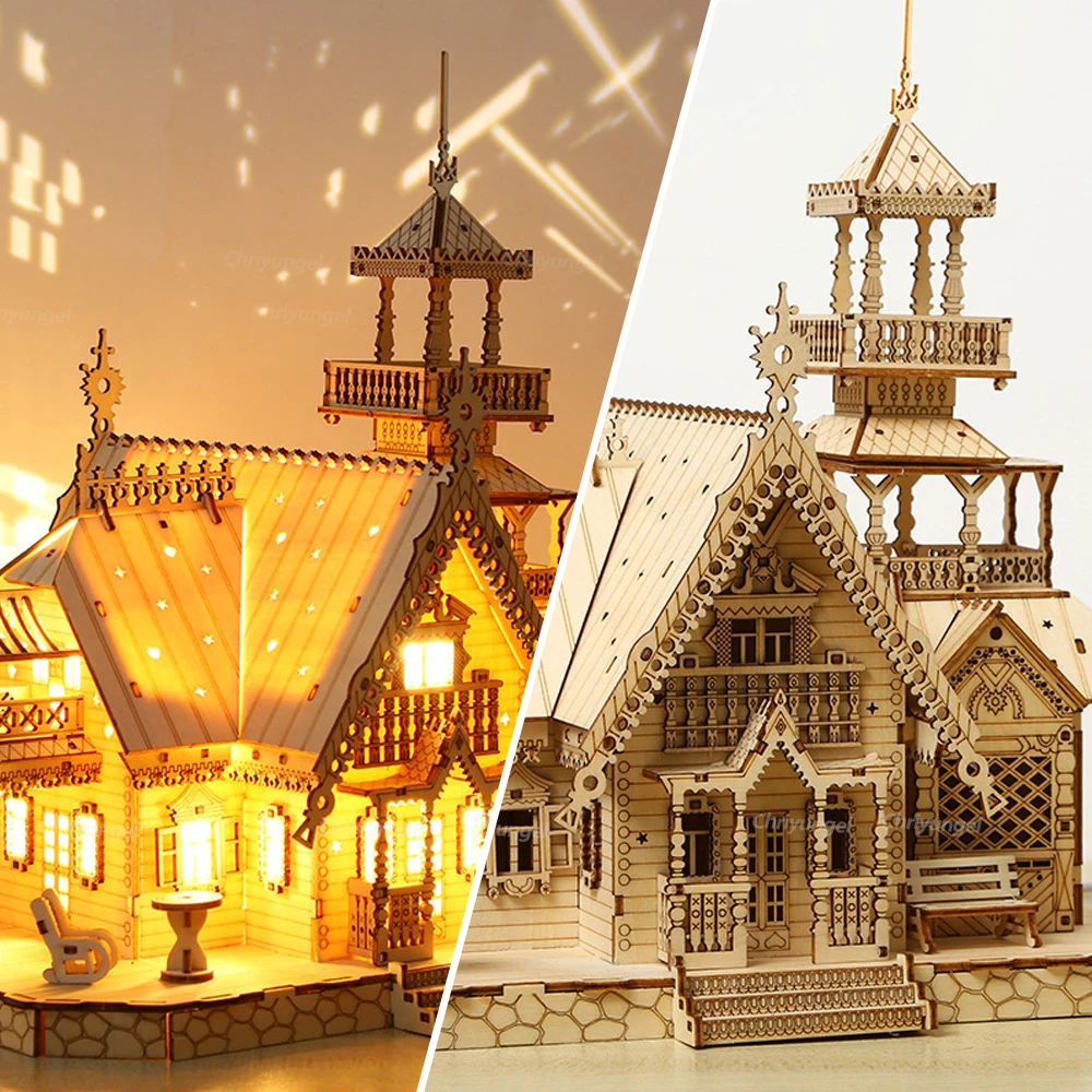 DIY Villa 3D Wooden Model Kit with Light Castle Puzzles Assembly Toy Kid Adult DIY Model Kits Desk Decoration for Gift 3