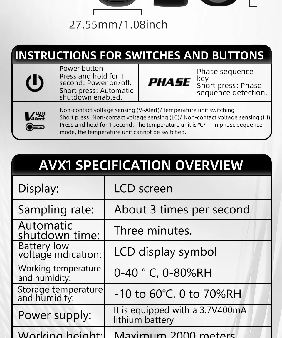 AVX1 Voltage Detector Tester Phase Sequence Smart NCV Live Wire Check Meter