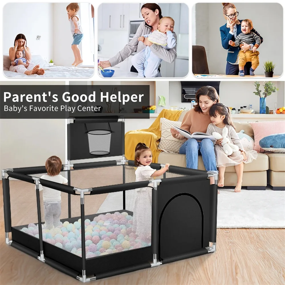 Large Square Baby Playpen (50x50 Inch) with Basketball Hoop