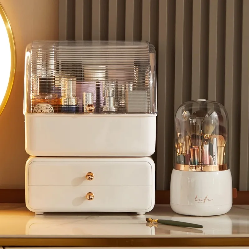 

Large Makeup Organizer with Brush Holder, Makeup and Skincare Organizer for Vanity, Cosmetics Skincare Organizers with Lid