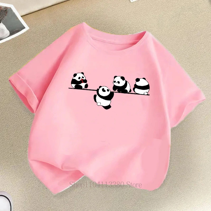 Colorful Cute Panda Graphic Print Kids' Summer T-Shirt - Short Sleeve Crew Neck