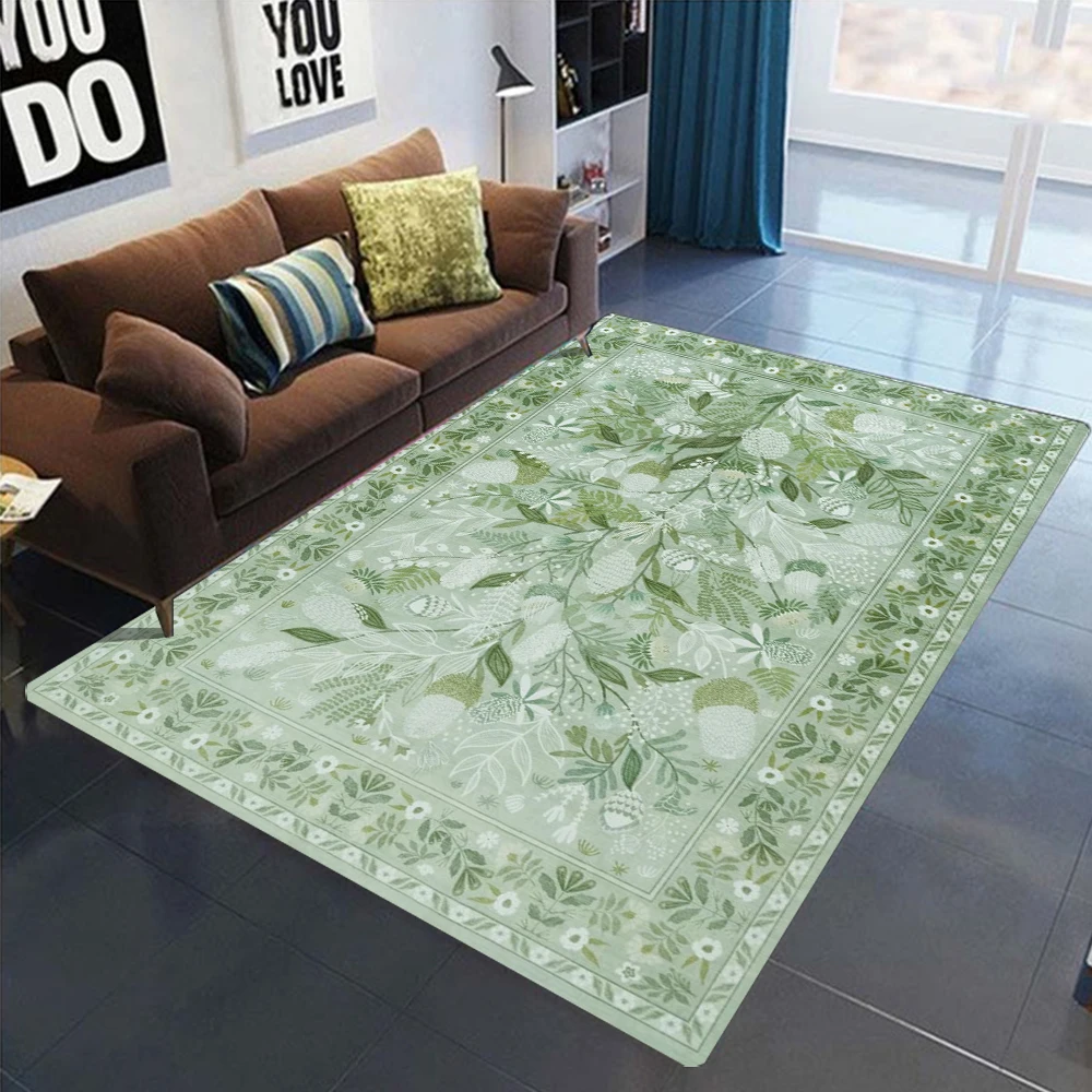 שטיח גדול בצבע ירוק עם פרחים בוטניים, שטיחים שניתן לשטוף לסלון, שטיח רך לחדר שינה, שטיח מודרני לא-חלילי לחדר אוכל