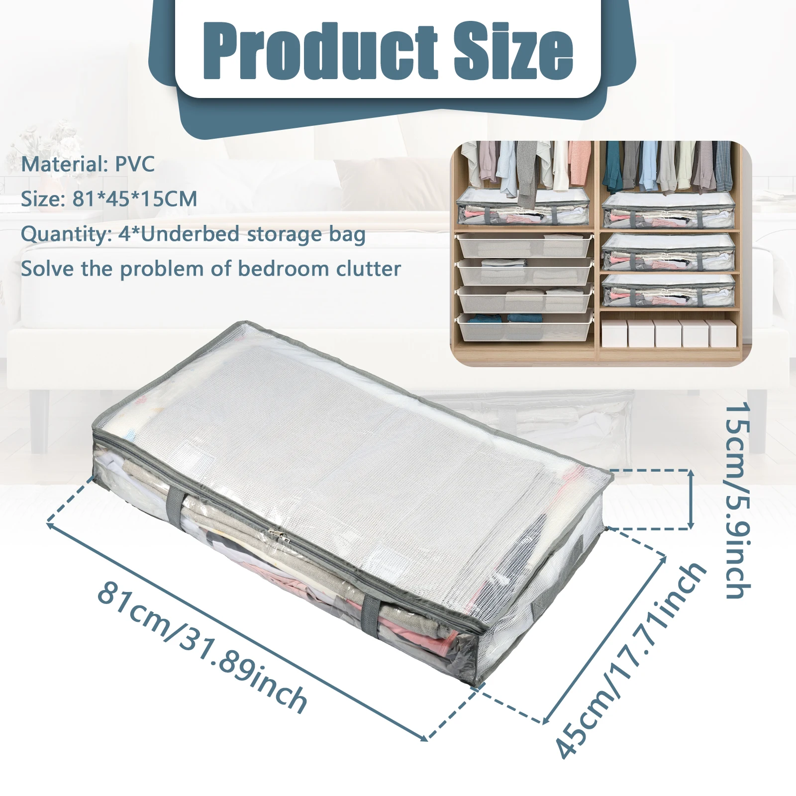 4/8 Pcs Underbed Storage Bags with Lid Large Capacity Quilt Clothes Storage Bag Foldable with Handle Clear Moisture Dust Proof 6