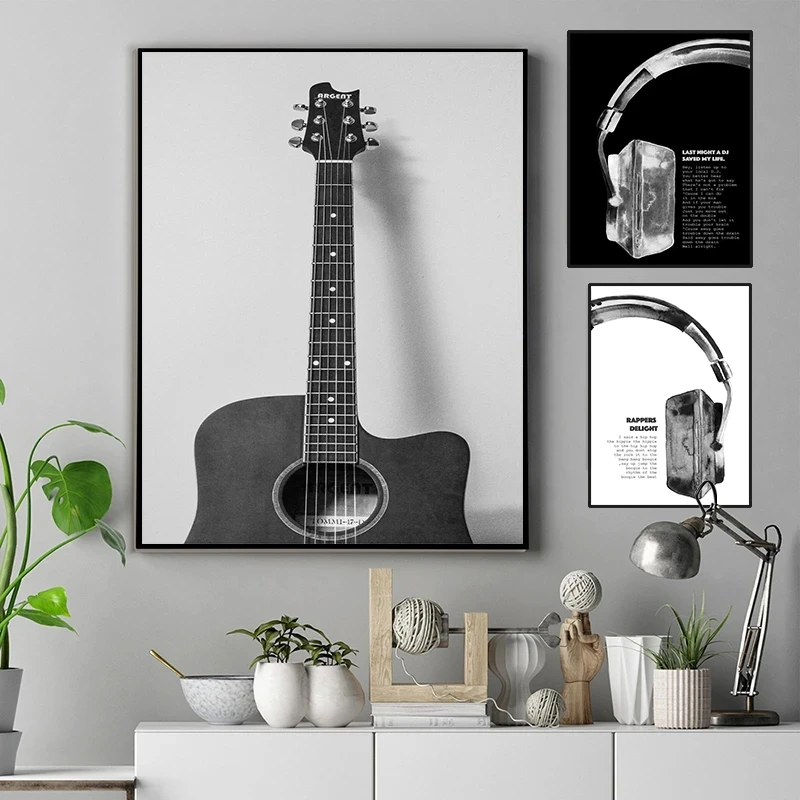 Vintage Music-Inspired Canvas Poster - Black and White Headphone & Lyrics Art