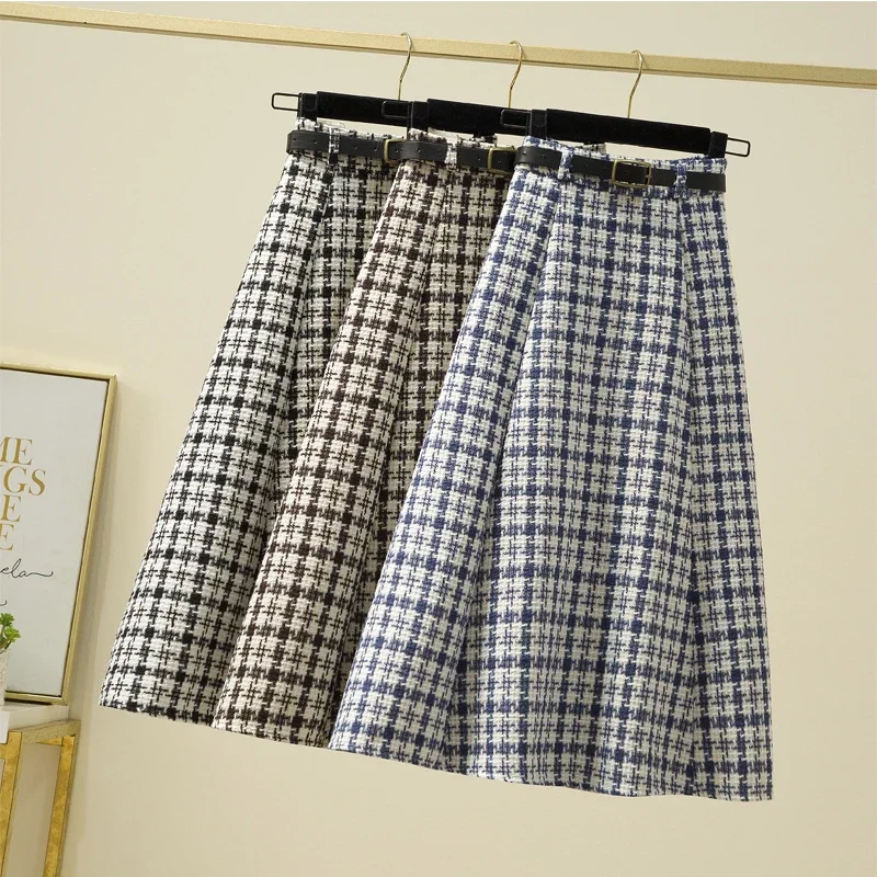 

Winter Thick Blend Plaid A-line Long Belted Skirts Elastic Waist Patchwork Navy Houndstooth Calf Long Skirts