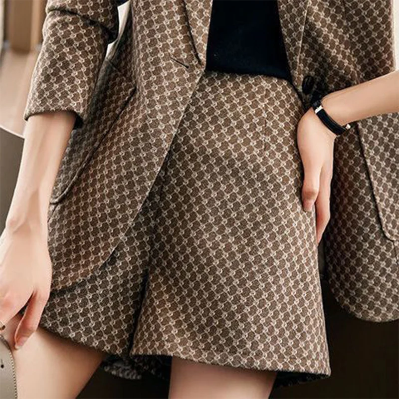 Autumn Winter Women's Elegant Fashion Printed Slim Blazers High Waist Shorts Set Ladies Long Sleeve Casual Coat Short Pants Suit