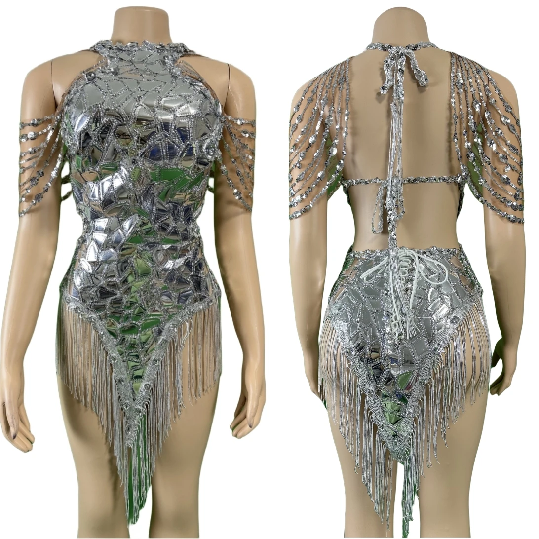 Sparkly Shinning Sequins Bodysuit Women Dancer Gogo DJ Nightclub Party Tassel Silver Night Out Stage Wear Drag Queen Outfit