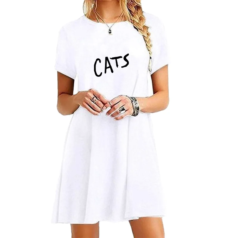 

Simple Cat Printed Summer Loose T Shirt Dress Women Mini Sexy Short Sleeve Dresses Woman Black Dress O Neck Vestido