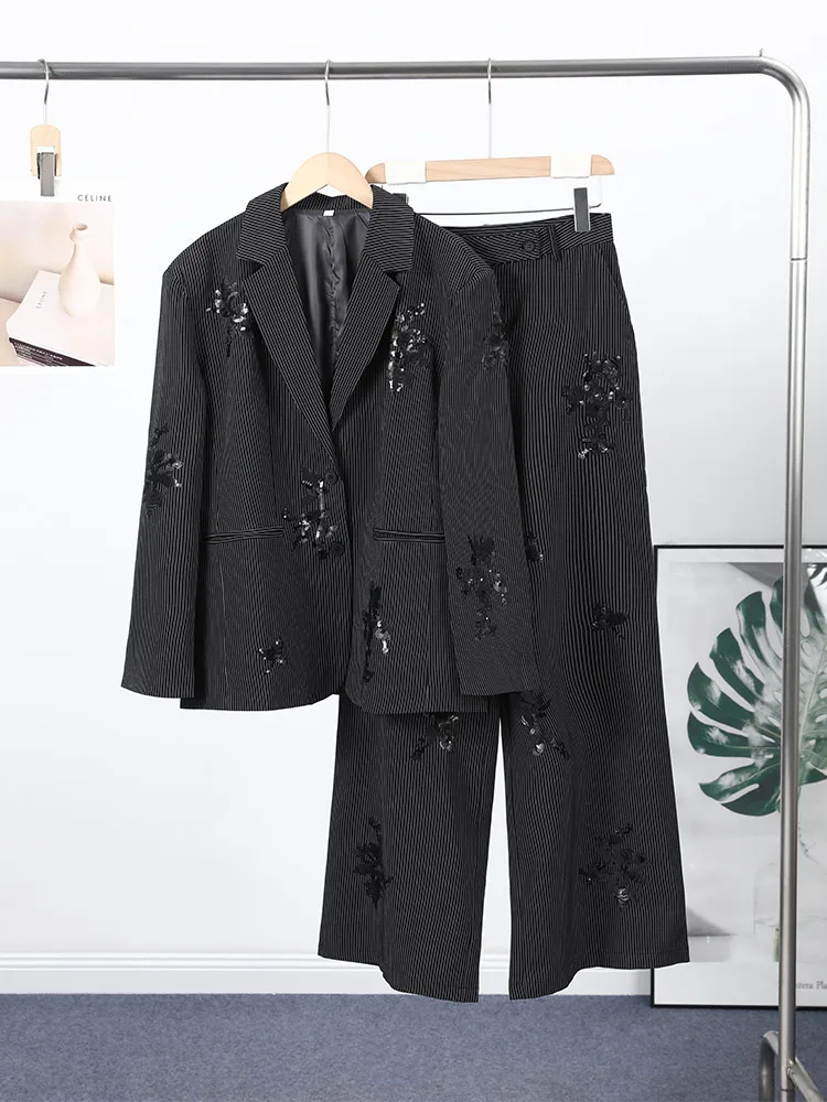 Pailletten-Streifen-Revers-Anzugjacke Hosenanzüge Damen Eleganter Langarm-Knopf-Blazer Mäntel Gerade Hosen Frühling Neues Outfit – Detail 3