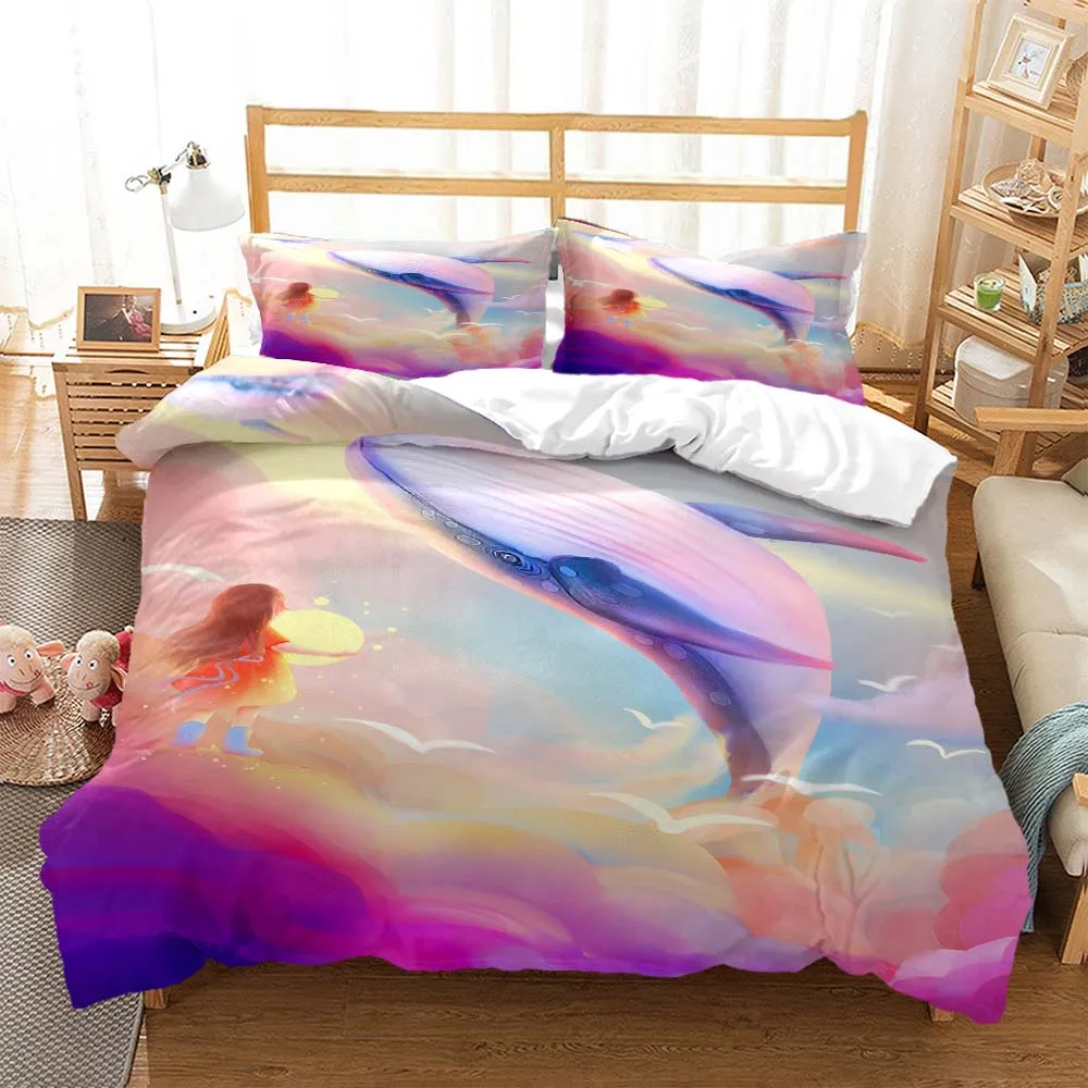 

Whales and Girls Digital Print Polyester Bedding Sets Child Covers Bed Linen Set for Teens bedding set blue and pink Covers
